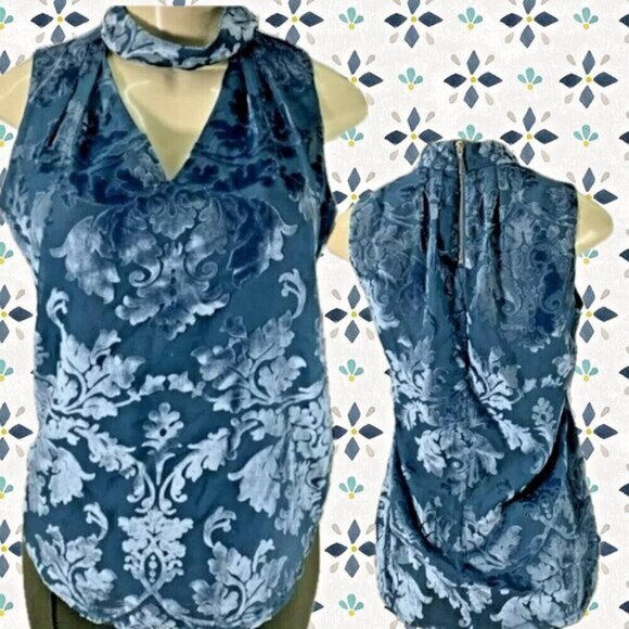 White House Black Market S/0 Teal Flocked Floral Velvet V-Choker Neck Tank Top - Picture 1 of 6